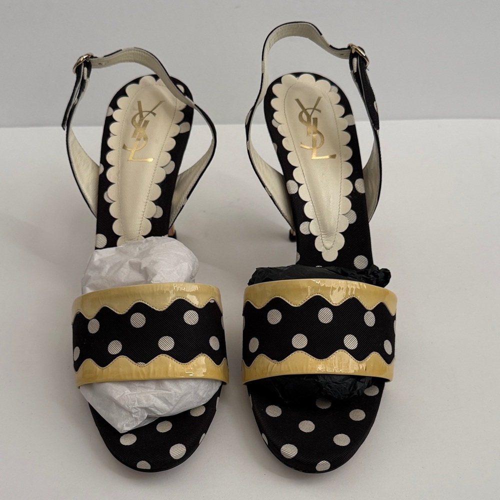 Saint Laurent Black & White Polka Dot Slingback Sandals with Patent Leather Trim